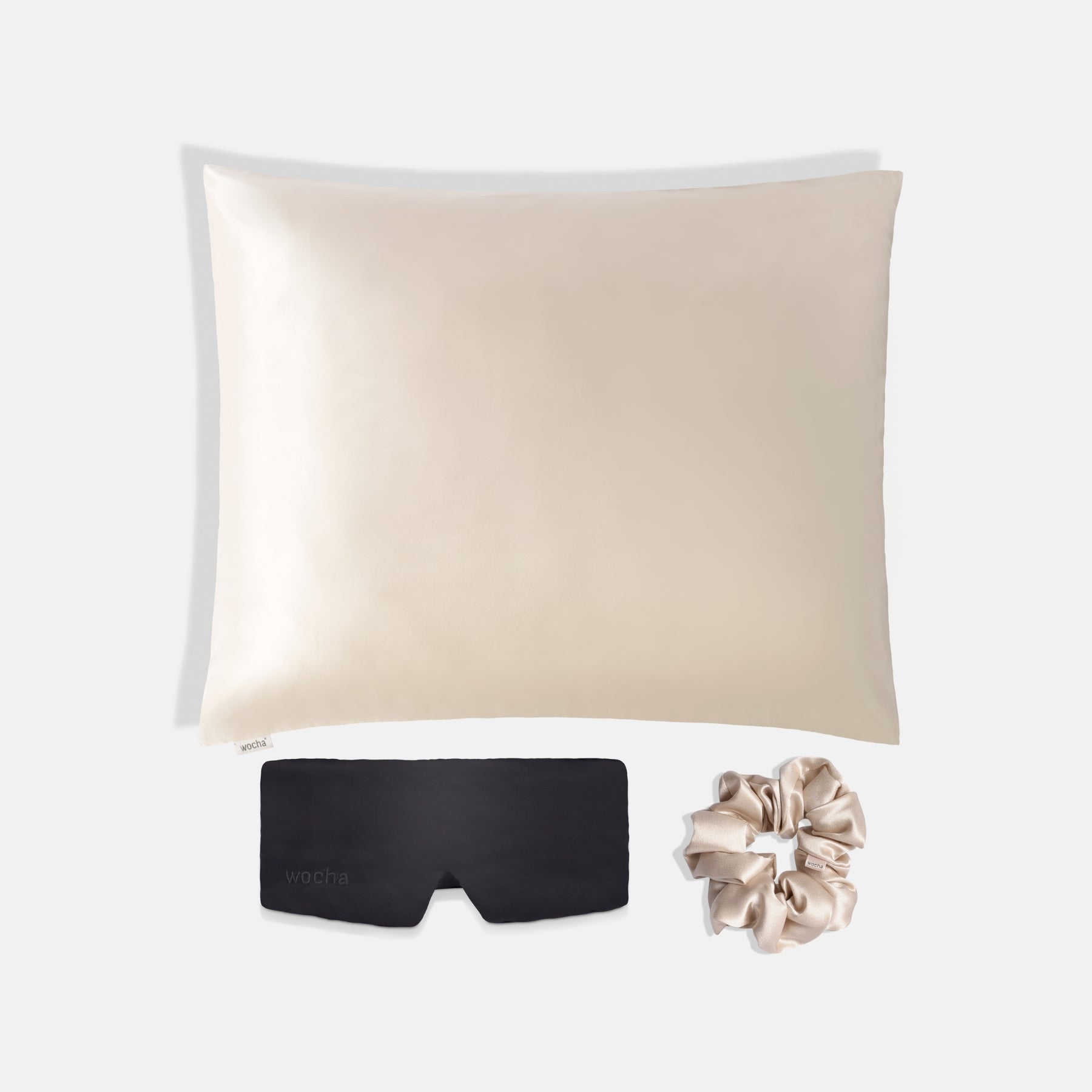 Bundel: Zijden kussensloop champagne & Slaapmasker Zwart & Scrunchie Champagne -Zijden slaapmasker met verstelbare band – ultrazacht voor een verstoorde slaap