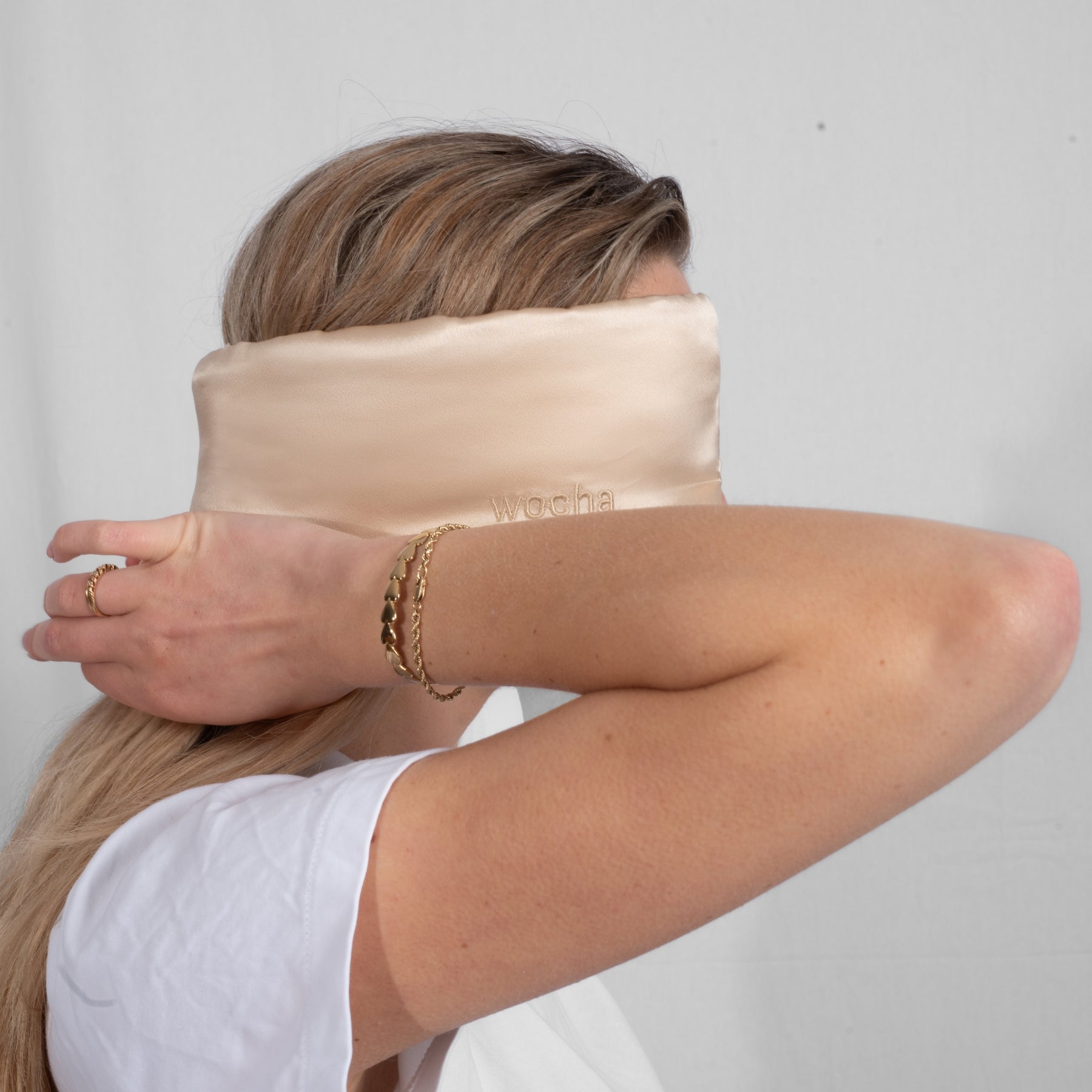 Bundel: Zijden kussenslopen (set van 2) wit & Slaapmasker Champagne - Zijden slaapmasker met zijde van hoge kwaliteit