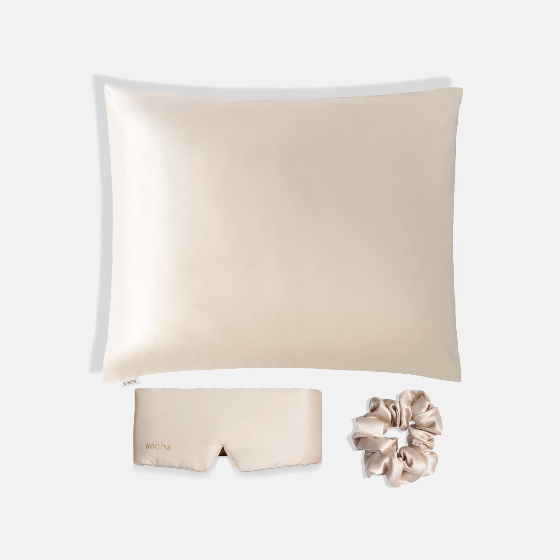 Bundel: Zijden kussensloop champagne & Slaapmasker champagne & Scrunchie Champagne